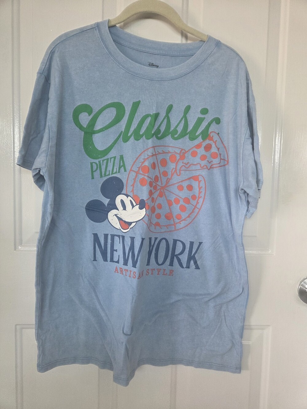 Disney Unisex "Classic Pizza New York" Light Blue Graphic Tee XL MICKEY